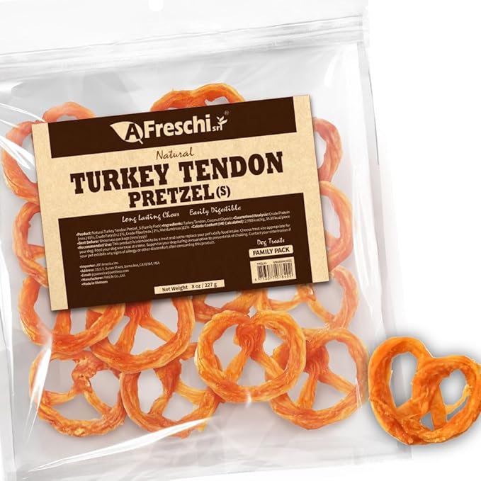 Afreschi Natural Turkey Tendon Pretzel (S) 8oz, USA-Sourced Turkey Tendon, All Natural Puppy Chew, Hypoallergenic, Rawhide Alternative, for Small Breeds-PawvioPets