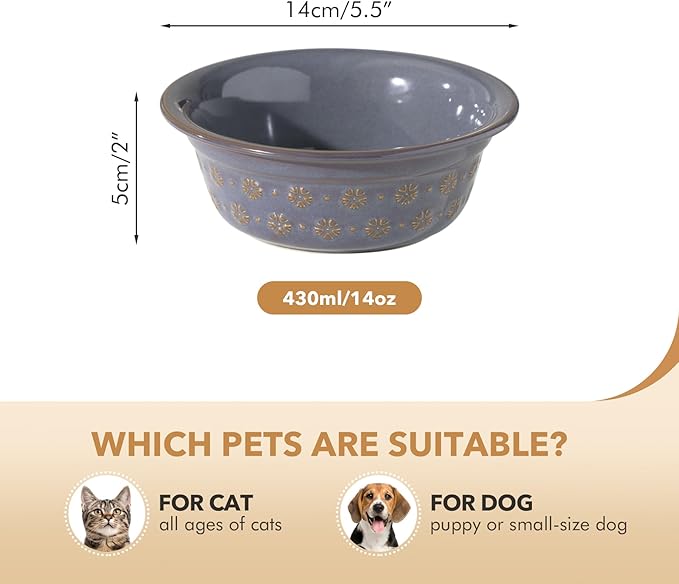 5.5inch Ceramic Set of 2 Dog and Cat Bowls, 2pcs Basic Food and Water Dishes for Puppy, Kitty, Wide Opening Rounded Edge (2 Bowls, Reactived Glaze -Grey)-PawvioPets