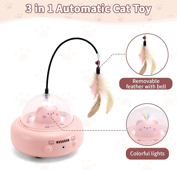 Automatic Cat Toys with Feathers, Interactive Cat Toy for Indoor Exercise, Rechargeable Teasing Toys for Indoor Cats, USB Powered, Smart Standby&Obstacle Avoidance(Pink)-PawvioPets