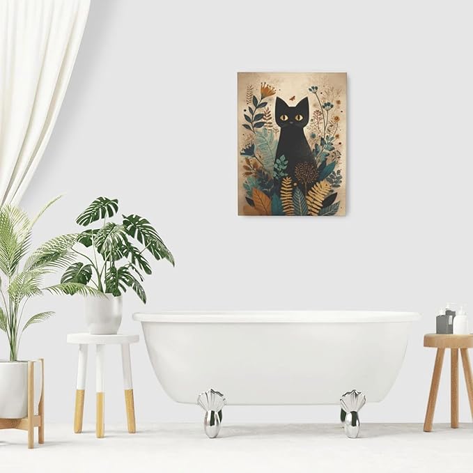 Boho Black Cat Wall Art Kitten Botanical Wall Decor Mid Century Modern Canvas Painting Print Minimalist Pictures Artwork Framed Decorations Gifts for Cat Lover Bathroom Nursery Living Room Bedroom Kitchen 12"x16"-PawvioPets