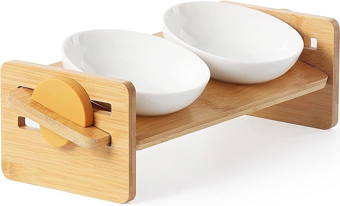 FUKUMARU Elevated Cat Ceramic Bowls, Small Dog 15° Tilted Raised Food Feeding Dishes, Solid Bamboo Water Stand Feeder Set for Cats and Puppy-PawvioPets