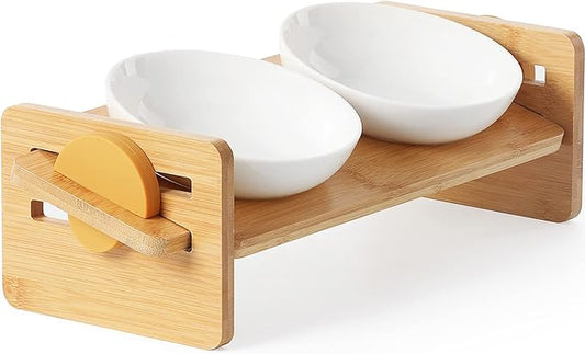 FUKUMARU Elevated Cat Ceramic Bowls, Small Dog 15° Tilted Raised Food Feeding Dishes, Solid Bamboo Water Stand Feeder Set for Cats and Puppy-PawvioPets