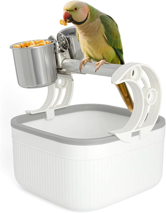 Bird Desktop Training Stand with Detachable Stainless Steel Double Bowls Feeder-Portable Bird Perches Stand with Detachable Base for Parakeets, Lovebirds&Medium-Sized Birds, Parakeet Cage Accessories-PawvioPets