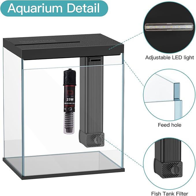 Glass Betta Aquarium Starter Kits, 2 Gallon Fish Tank with Heater Filter and Light.-PawvioPets