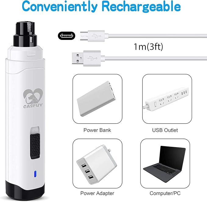Casfuy Dog Nail Grinder Upgraded - Professional 2-Speed Electric Rechargeable Pet Nail Trimmer Painless Paws Grooming & Smoothing for Small Medium Large Dogs & Cats (White)-PawvioPets