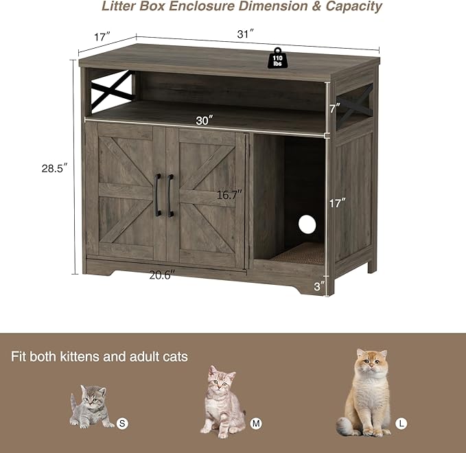 Cat Litter Box Enclosure, Hidden Litter Box Furniture with Scratch Pad, Farmhouse Indoor Cat House Washroom End Table, Grey-PawvioPets