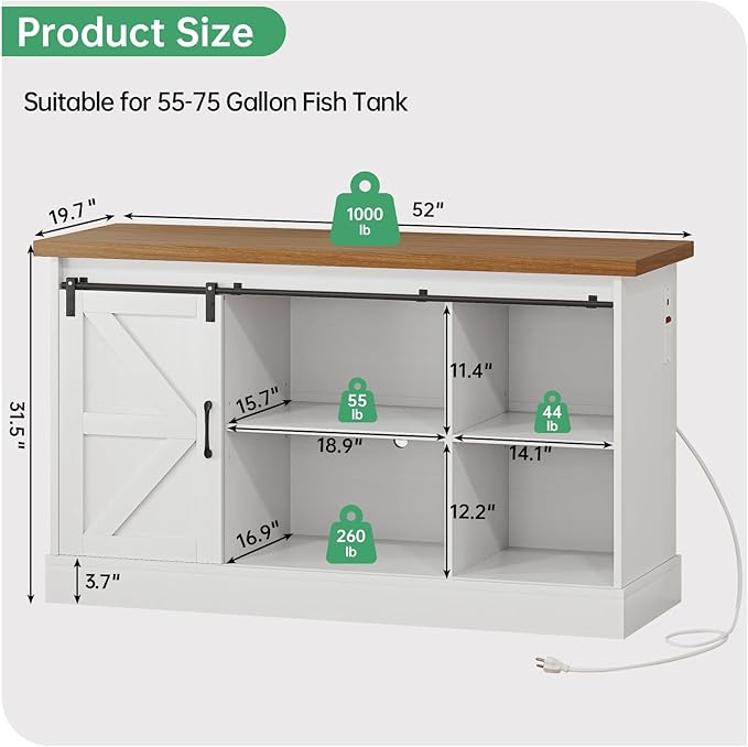 Fish Tank Stand Up to 75 Gallon, Aquarium Stand with Sliding Barn Doors & Power Outlet, White Farmhouse Style Stand with Cabinet Storage for Fish Tank, Turtle Tank, Reptile Terrarium,1000LBS Capacity-PawvioPets