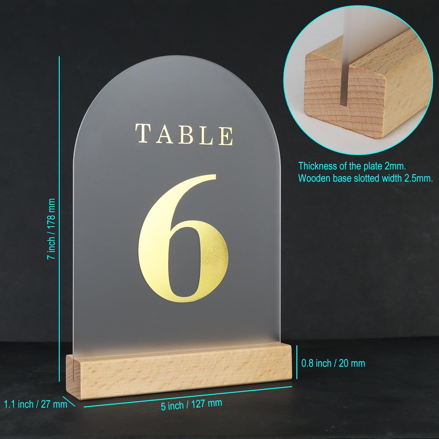 Wedding Table Numbers 1-15, Acrylic Arch Signs with Natural Wood Stands Holders, Rustic Table Decor for Reception & Parties (Frosted Gold)