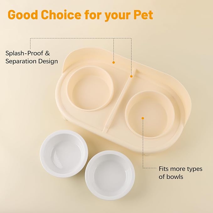 Elevated Cat Bowls, Tilted Rised Cat Food and Water Bowl with 2 Pcs Ceramic Pet Bowls, Rised Stand, Pet Dish Anti Vomiting Feeding Station for All Sized Cats & Small Dogs (Milk Coffee)-PawvioPets