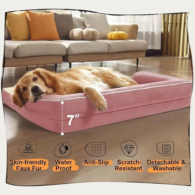 Dog Bed Medium Size Dog-Orthopedic Waterproof Bed for Dogs,Foam Couch Sofa with Washable Removable Cover & Non-Slip Bottom-Pink-PawvioPets