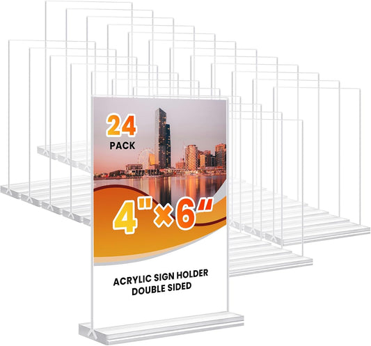 Acrylic Sign Holder 4x6, 24 Pack Clear Table Menu Vertical Clear Table Double Sided Flyer Display, Plastic Flyer Display Stand,Paper photo Plastic Sign Frame Suitable for Restaurants Office Store Show