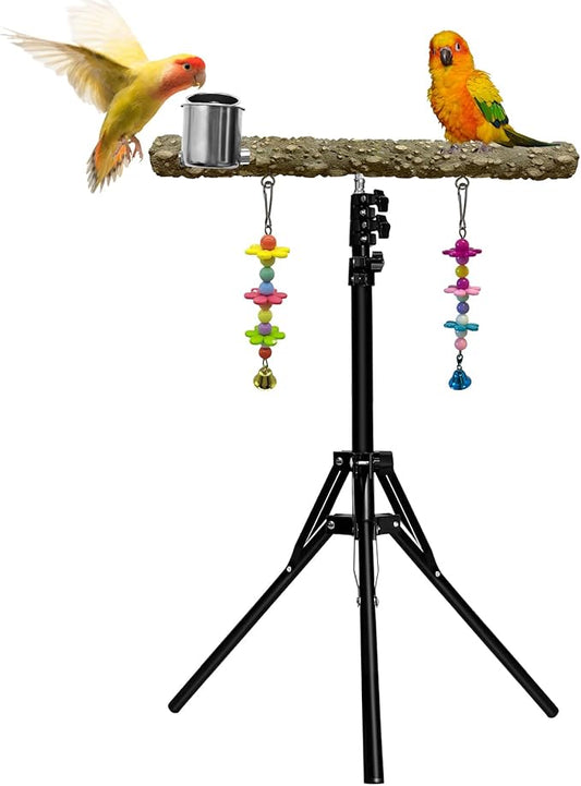 16-63 Inch Height Adjustable Bird Perch Pepper Wood Parrot Training Perch Stand with Feeding Cups and Swing Toy Parakeet Perches Indoor and Outdoor Parrot Stands for Small to Medium Bird-PawvioPets