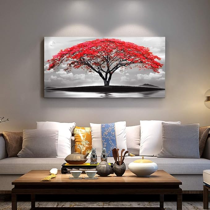 canvas wall art for living room bathroom Wall Decor Black and white landscape red tree moon scenery Hang painting Home Decorations for office bedroom kitchen Works canvas Prints pictures 24" x 48"inch-PawvioPets