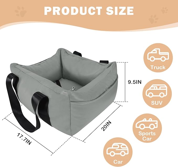 Dog Car Seat for Small Dogs, Large Leather Dog Car Bed with Storage Pocket, Waterproof PVC Leather Booster Seat Travel Bed for Front & Back Seat, Clip-On Safety Leash (Grey)-PawvioPets
