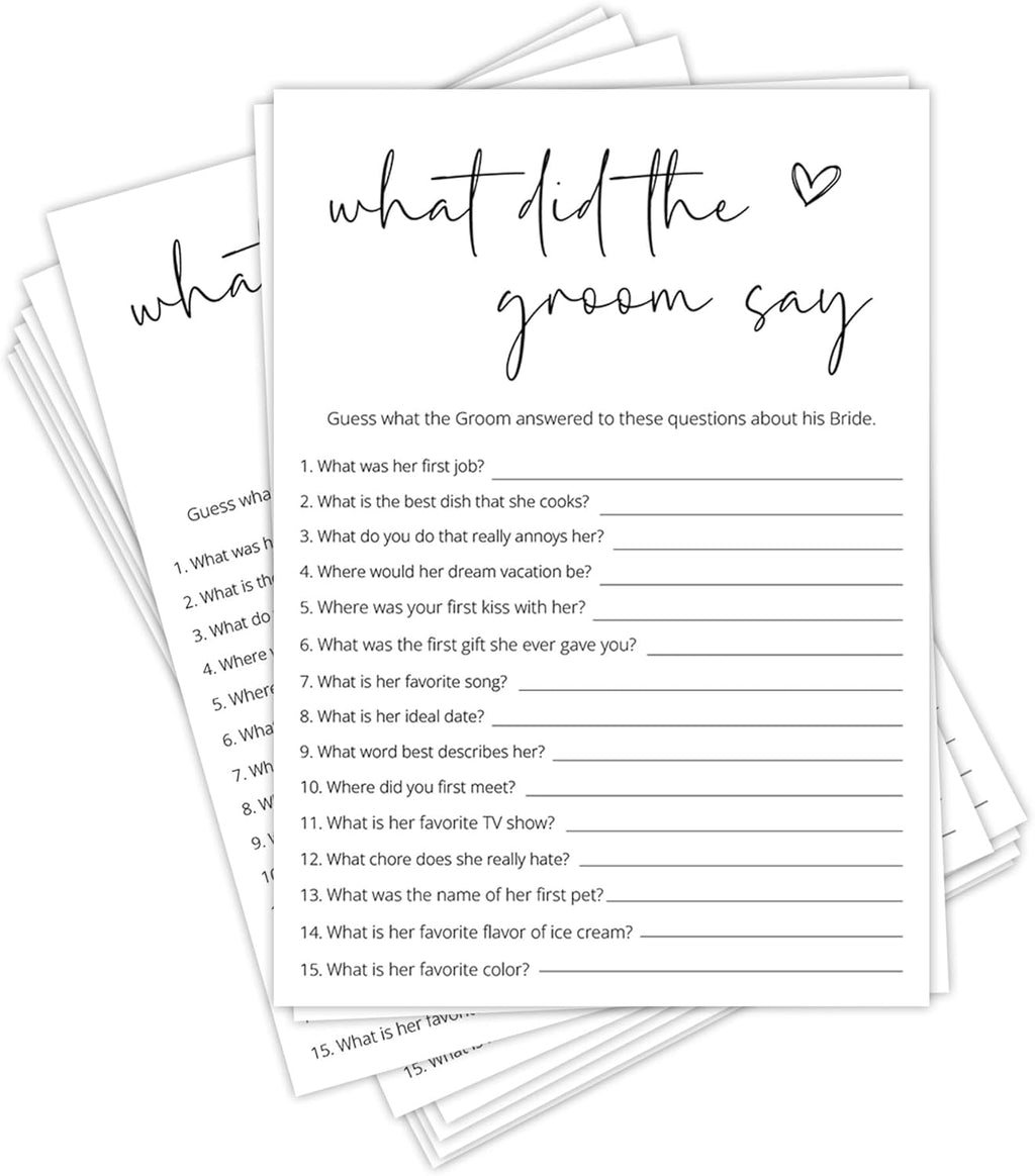 Bridal Shower Games, What Did The Groom Say, 25Pcs Minimalist White Double-Sided Bridal Game Cards, Wedding Shower Games for Guests, Engagement Bachelorette Party Supplies - A14