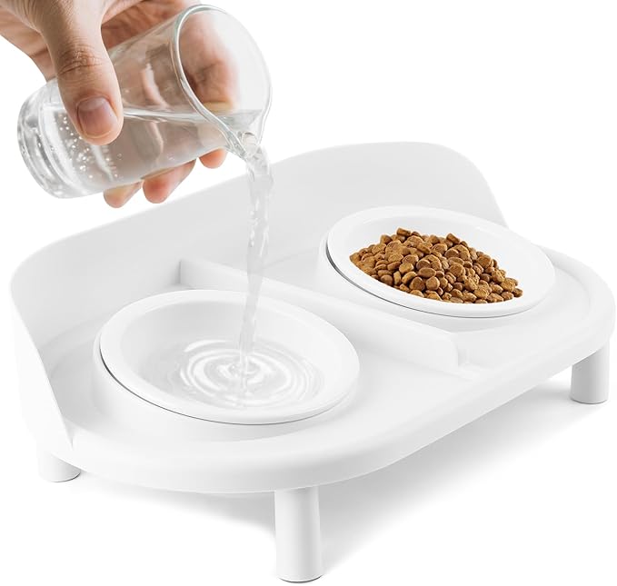 Elevated Cat Bowls, Tilted Rised Cat Food and Water Bowl with 2 Pcs Ceramic Pet Bowls, Rised Stand, Pet Dish Anti Vomiting Feeding Station for All Sized Cats & Small Dogs (White)-PawvioPets