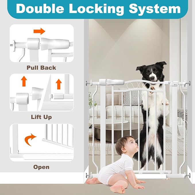 29.9-33.4 in Wide Baby Gate for Stairs Doorways, Auto Close Child Safety Gates Indoor for Dogs Pets, Pressure Mounted Metal Barrier Kids Toddler Door Walk Through, 30" Tall, White-PawvioPets