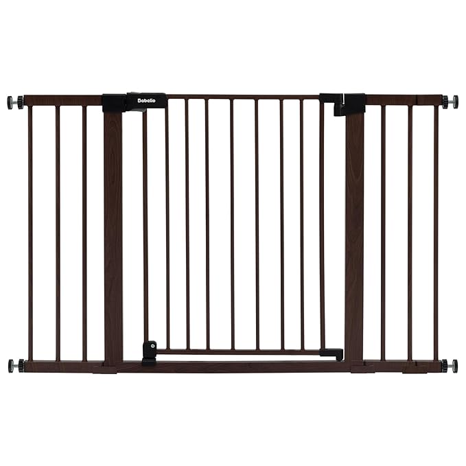 BABELIO Baby Gate with Black Wood Pattern, 29-48 Inch Auto Close Dog Gate for The House, Stairs and Doorways, Pressure Mounted Pet Gate with Door and Y Spindle Rods-PawvioPets