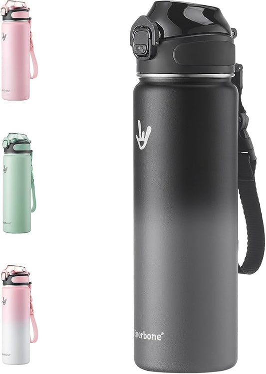 Enerbone 24 oz Insulated Water Bottle, Stainless Steel Bottle with Carrying Strap, Double-Wall Vacuum Insulation Design, Leakproof Sports Bottle with Straw, Keep Drinks Cold or Hot for Hours-PawvioPets