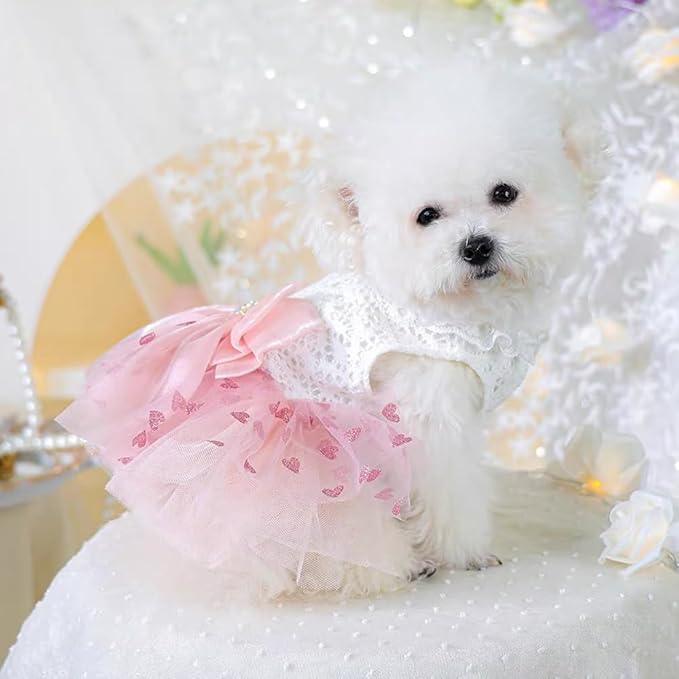 Dog Princess Dress with Heart Patterns & Bow Puppy Clothes for Small Dogs Girl Fancy Cat Birthday Outfit Pet Wedding Dresses(Pink White, Large)-PawvioPets