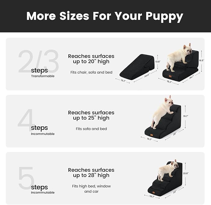 Gardner Pet Dog Stairs for Small Dogs 22.8" H, 5-Step Black Curved Pet Stairs, Dog Steps for High Bed, Couch (24-30 in) with Durable Non-Slip Waterproof Fabric Cover and CertiPUR-US Certified Foam-PawvioPets