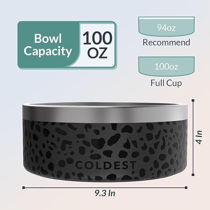 Coldest Dog Bowl - Anti Rust Metal, Non Slip, 3 Layers Insulated Stainless Steel Dog Bowls - Spill Proof & Heavy Duty - Water Bowl for Dogs, Cats & Pets, Dish Washer Safe (100 oz, Black Leopard)-PawvioPets