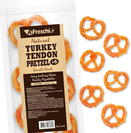 Afreschi Turkey Tendon Pretzel (S) 6 Pieces per Pack, USA-Sourced Turkey Tendon, All Natural Human Grade Puppy Chew, Hypoallergenic, Rawhide Alternative, Dog Treats for Small Breeds-PawvioPets