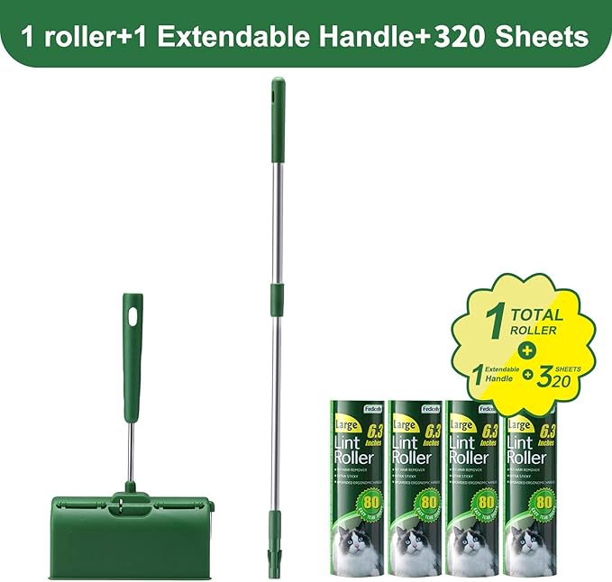 Fedicelly Large Lint Rollers Pet Hair Extra Sticky Floor, Cat Dog Hair Remover Laundry Clothes Carpet Furniture,6.3 inches Wider with 320 Sheets Giant Lint Remover Brush for Couch with Long Handle-PawvioPets