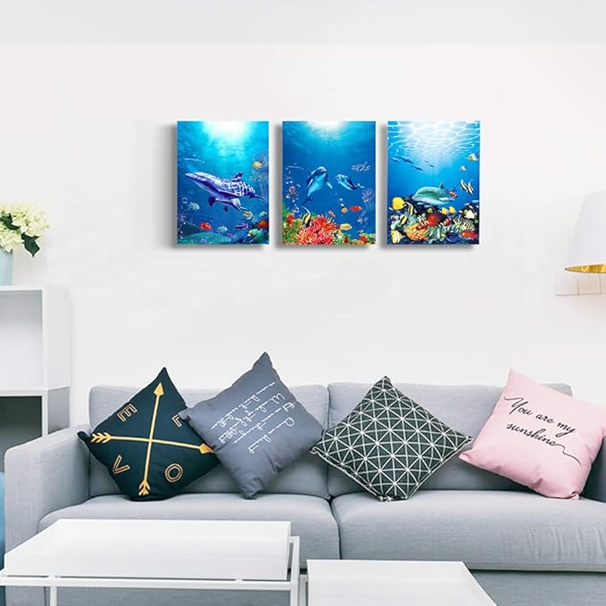 blue ocean fish 3 Pieces Framed Wall Art for Living Room Bathroom Wall Decoration Canvas Print Children's Bedroom Wall decor Office Kitchen Home Decoration Underwater World Watercolor Painting-PawvioPets
