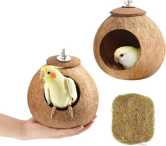 Bird Nest for Cage Natural Coconut Shell Birds House 2 Pack Parakeet Hide Breeding Hut Bird Cage Accessories & Decor Hamster Toys for Parrot Lovebirds Budgies Cockatiel Conure Finch Canary-PawvioPets
