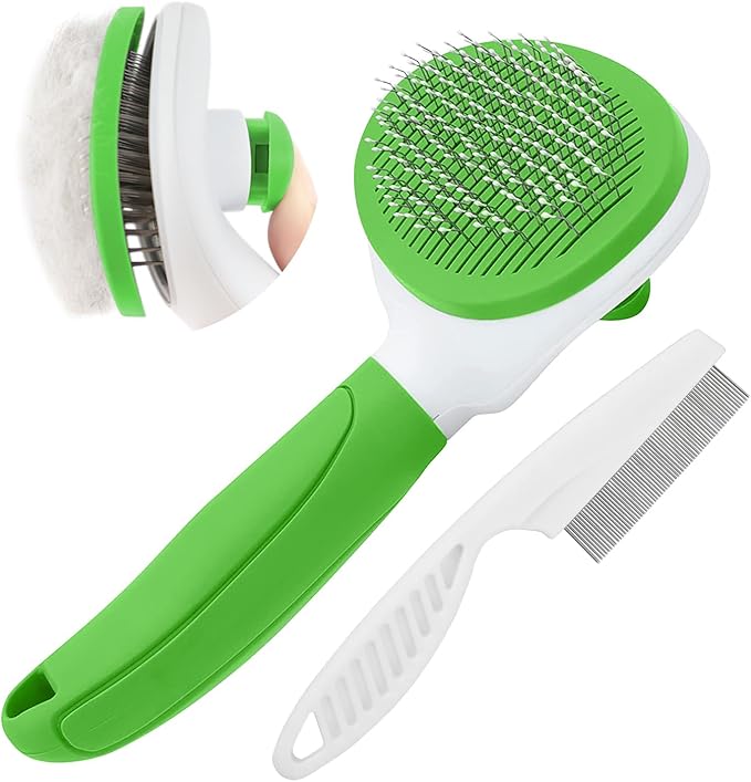 Cat Brushes for Indoor Cats, Dog Brush for Shedding with Metal Cat Comb, Self Cleaning Pet Hair Brush with Release Button for Grooming Kitten(Green)-PawvioPets