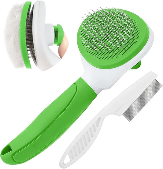 Cat Brushes for Indoor Cats, Dog Brush for Shedding with Metal Cat Comb, Self Cleaning Pet Hair Brush with Release Button for Grooming Kitten(Green)-PawvioPets