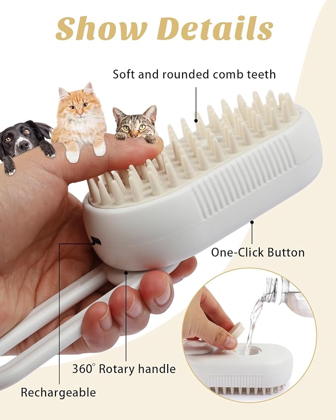 6 in 1 Cat Steam Brush for Shedding, Portable Anti-Static Grooming Comb for Cats & Dogs, Steam Misting Water Brush, Self-Cleaning Pet Hair Remover, Indoor Cat Spray Brushes for Cats & Dogs-PawvioPets
