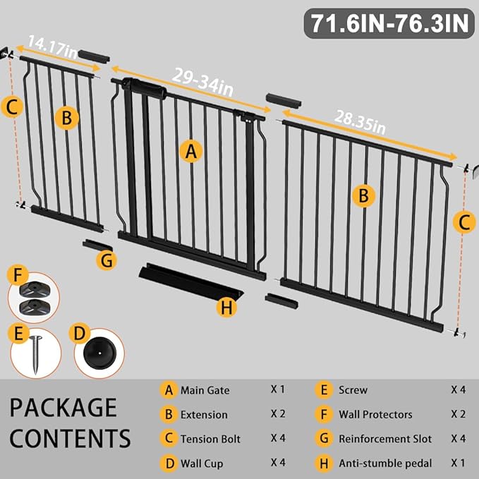 Fairy Baby Extra Wide Baby Gate 71.6-76.3 Inch Wide, Walk Through Pressure Mounted No Drill, Long and Large Tension Gate for Pet and Kids, Black-PawvioPets