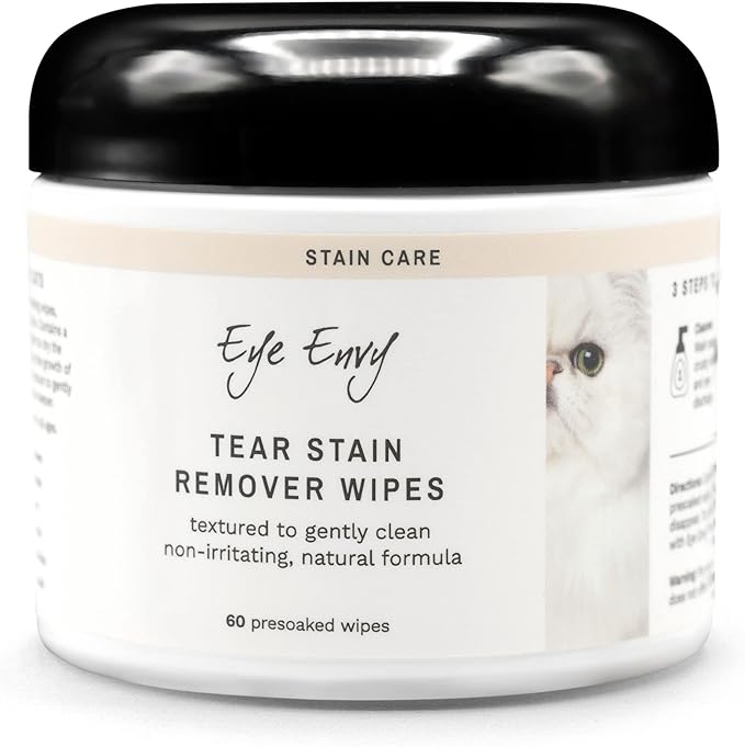 Eye Envy Tear Stain Wipes for Cats. Textured to Gently Clean, Treats The Cause of Staining. 100% Natural Formula. Recommended by Persian & Exotic Breeders, Vets, Groomers. USA Made. 60 Cat Eye Wipes-PawvioPets