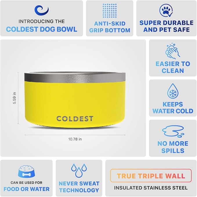 Coldest Dog Bowl - Anti Rust Metal, Non Slip, 3 Layers Insulated Stainless Steel Dog Bowls - Spill Proof & Heavy Duty - Water Bowl for Dogs, Cats & Pets, Dish Washer Safe (200 oz, Solar Yellow)-PawvioPets