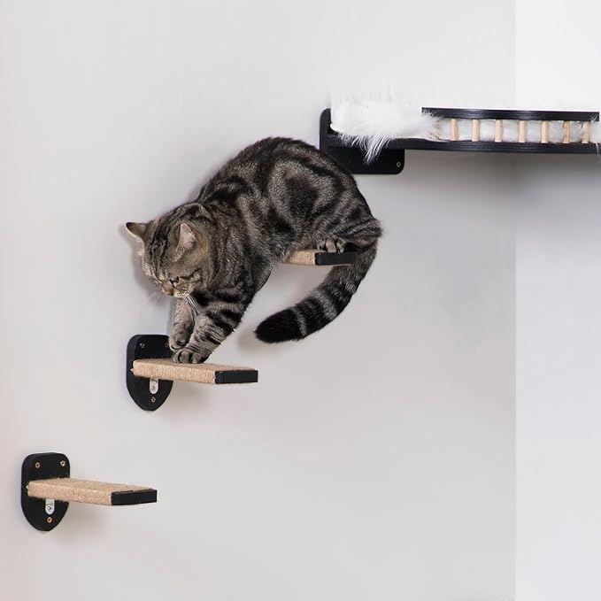 3pcs Wall Steps for Cats, Climbing Mounted Furniture, Shelves With Hemp Rope Covered, Solid Wood Ladder for Playing and Climbing (Large-Black)-PawvioPets