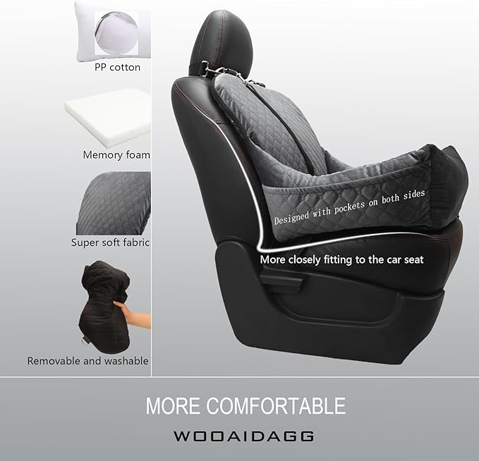Dog Car Seat,Fully Detachable and Washable Cover,Easy to Assemble,Comfy Cushion Fill in Memory Foam,2 Clip-On Safety Leashes and Storage Pockets (Grey)-PawvioPets