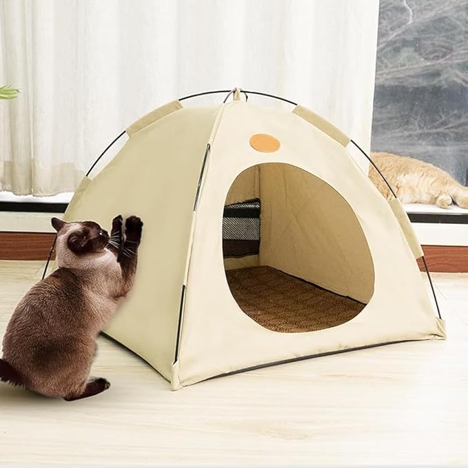BreezyDen Pop-Up Pet Tent – Portable Indoor/Outdoor Cat Tent, Waterproof Pet Hideaway for Cats & Small Dogs with Mesh Window, Anti-Slip Base & Washable Design (White, M (8 catties Kitten))-PawvioPets