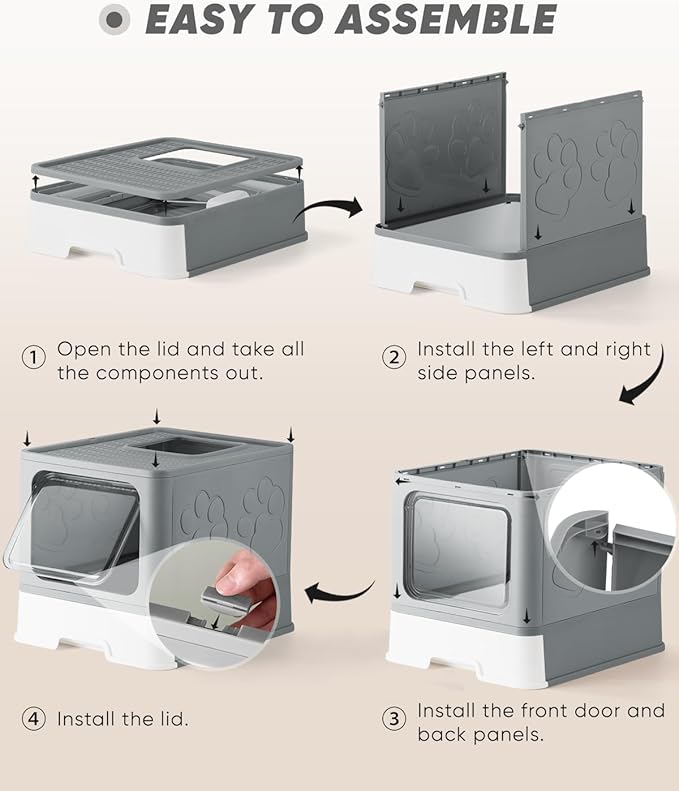 Enclosed Cat Litter Box, Large Litter Box for Big Cats, Covered Kitty Litter Boxes with Lid, Top Entry Cat Box Enclosure with Scoop, Odor Control, Easy to Clean(Grey)-PawvioPets