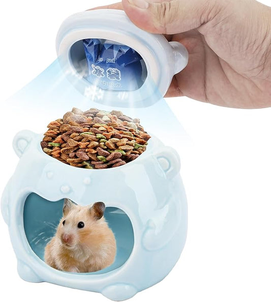 3-in-1 Bear Shaped Ceramic Hamster House - Cool House for Syrian Dwarf Hamsters, Mice, Gerbils， Small Pets, Top for Hamster Food, Removable Lid for Ice Packs, Cute Cool Hideout for Summer（Blue）-PawvioPets