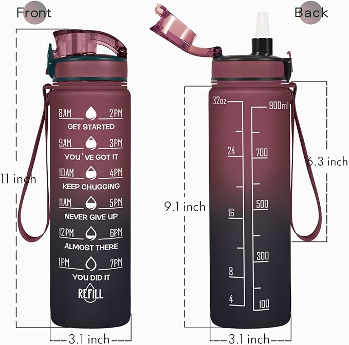 Enerbone Water Bottle, Leakproof BPA & Toxic Free, Motivational Water Bottle with Times to Drink and Straw, Fitness Sports Water Bottle with Strap for Office, Gym, Outdoor Sports-PawvioPets