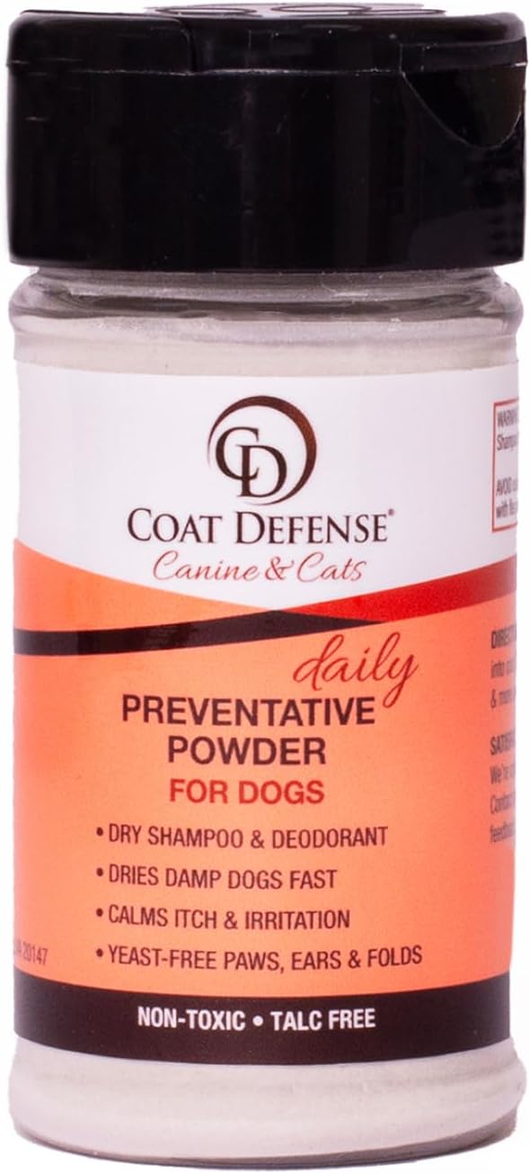 COAT DEFENSE Preventative Powder | Made in USA | 3.5oz Waterless Dog Shampoo & Pet Deodorizer for Smelly Dogs | Provides Anti Itch Relief | Dog Shampoo for Dry Itchy Skin & Smelly Dogs-PawvioPets