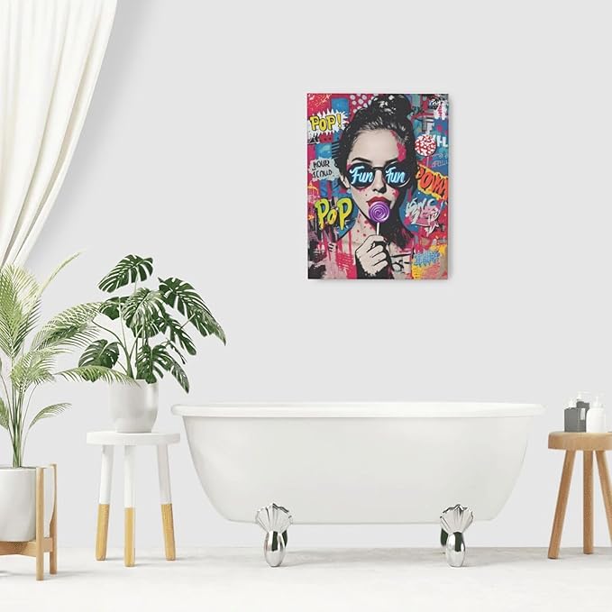 Fashion Women Wall Art Glam Modern Artwork for Girls Banksy Street Graffiti Pop Art Canvas Pictures Painting Print Framed Decorations Gifts for Bedroom Living Room Office 12"x16"-PawvioPets