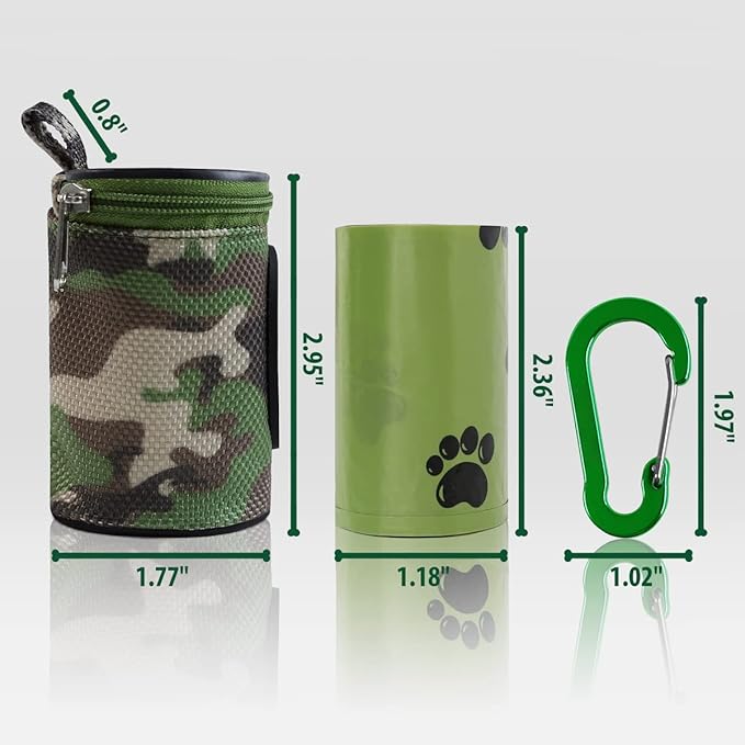 Dog Poop Bag Holder for Leash Doggie Waste Bag Dispenser Puppy Potty Carrier Small Doggy Zipper Pouch with Carabiner Clip 1680D Nylon Oxford with 1 Roll of Pet Trash Bags, Woodland Camo-PawvioPets