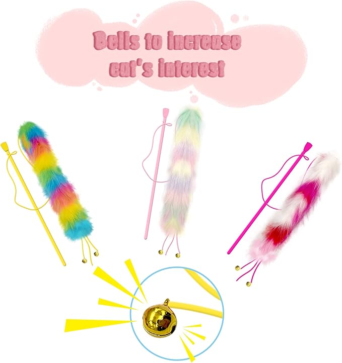 3 Pack Cat Wand Toy, Rainbow Cat Feather Toys with Bells, Teaser Wand with Soft Furry Tail, Interactive Toys for Indoor Cats & Kitten & Kitty-PawvioPets