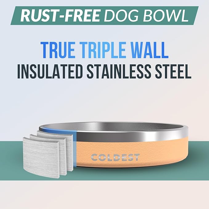 Coldest Dog Bowl - Anti Rust Metal, Non Slip, 3 Layers Insulated Stainless Steel Dog Bowls - Spill Proof & Heavy Duty - Water Bowl for Dogs, Cats & Pets, Dish Washer Safe (21 oz, Sahara Tan)-PawvioPets