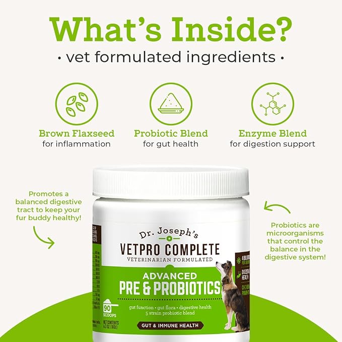Dr. Joseph's VetPro Complete Advanced Powdered Pre & Probiotics for Dogs, 90 Scoops, Supports Gut Health, Diarrhea, Digestive Health & Seasonal Allergies, Chicken/Pumpkin Flavor, Add to Food-PawvioPets