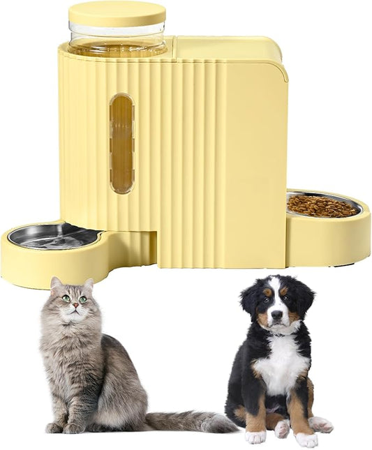 Automatic Cat Food Feeder and Water Dispenser,2 in 1 Gravity Cat Feeder and Water Dispenser with Stainless Steel Bowl,2 Pack Large Capacity Self Feeding for Small Medium Pets Puppy Kitten-PawvioPets