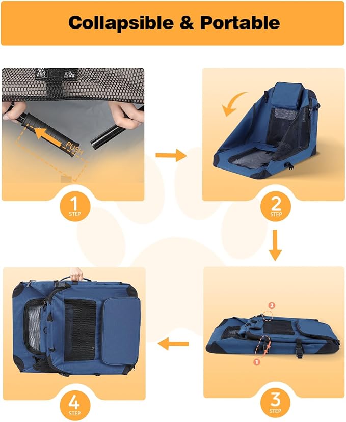 Extra Large Dog Crate with 2 Foldable Bowl, 40 Inch Collapsible Travel Dog Crate Kennel with Soft Blanket for Medium Dogs,Indoor & Outdoor (40" L x 27" W x 27" H, Navy)-PawvioPets